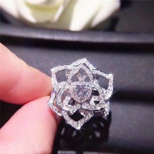 NEW 925 Sterling Silver Diamond Rose Heart Ring